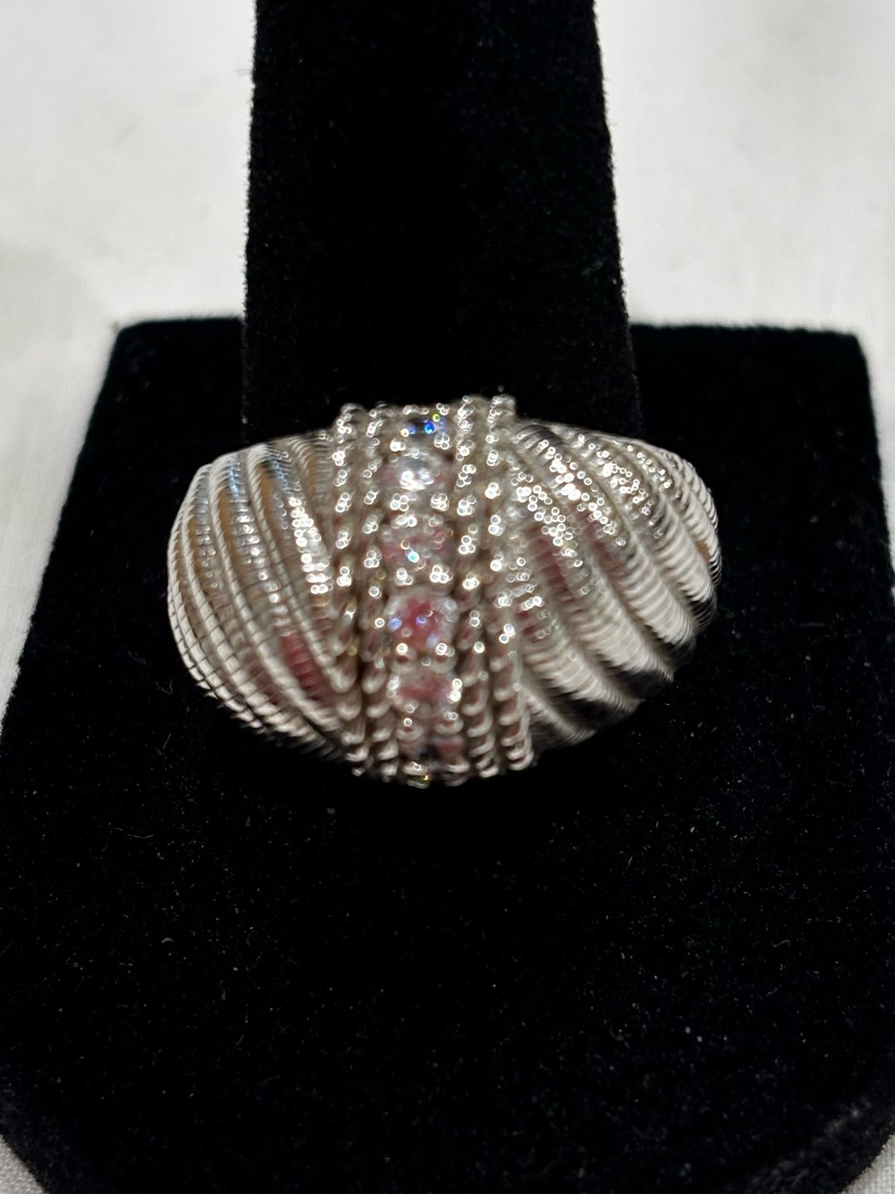 JUDITH RIPKA Sterling Silver Domed Swirl CZ Statement Ring. Size 7.5